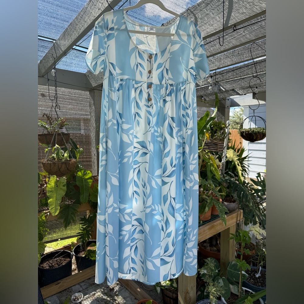 Blue and White Leaf Print Muu Muu style Dress